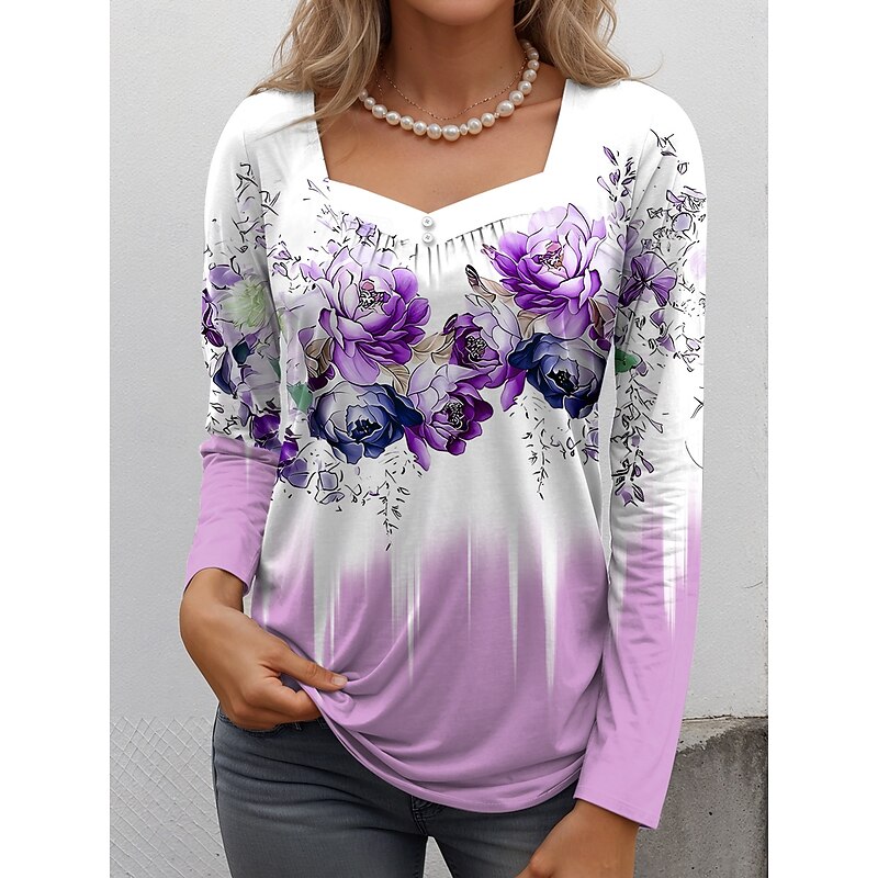 Women's T shirt Long Sleeve Floral Graphic Vintage Fashion Casual Long Sleeve Square Neck Regular Tops Daily Weekend Buttons Print Pink Blue Purple Green Spring Fall Prefall2