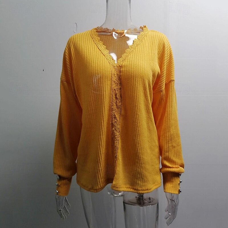 Women's Sweater Fashion Solid Color Ribbed V Neck Knitted Long Sleeve Regular Tops Knit Holiday Going out Weekend Black Yellow Fall2