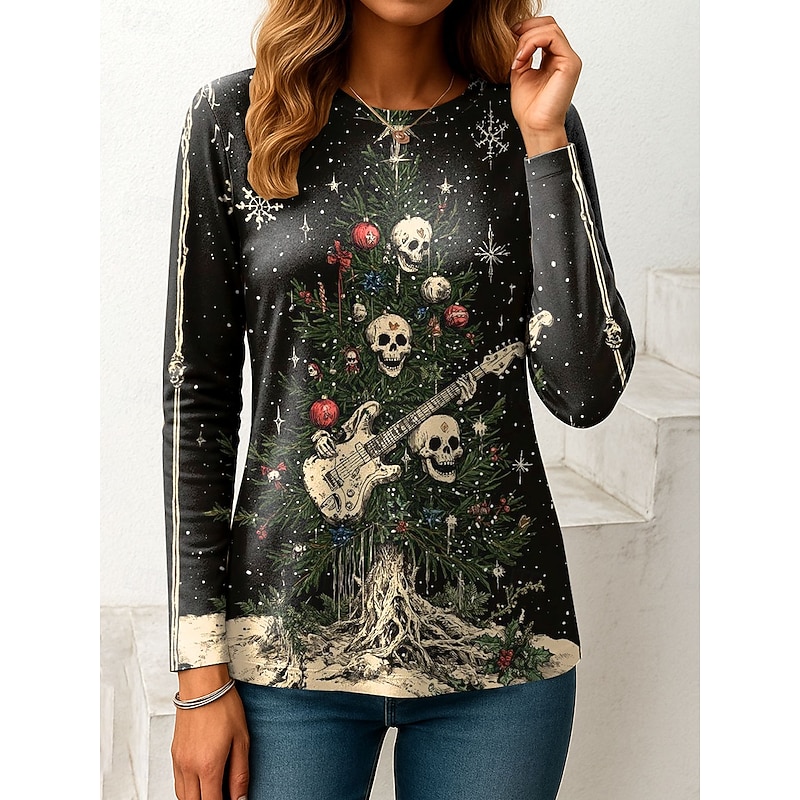 Christmas Women's T Shirt Graphic  Tree Vintage Fashion Stylish Long Sleeve Crew Neck Regular Tops Daily Print Pink Blue Green Beige Fall Winter