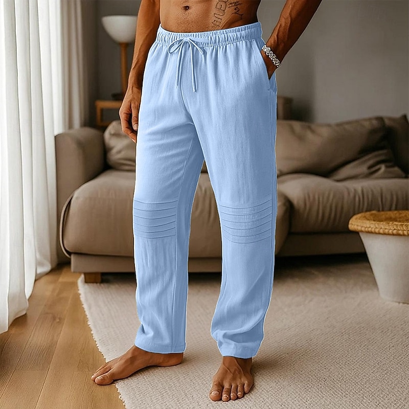 Men's Linen Pants Trousers Summer Pants Baggy Pants Elastic Waist Pleats Straight Leg Plain Comfort Breathable Full Length Outdoor Casual Daily Vacation Fashion Black White Inelastic