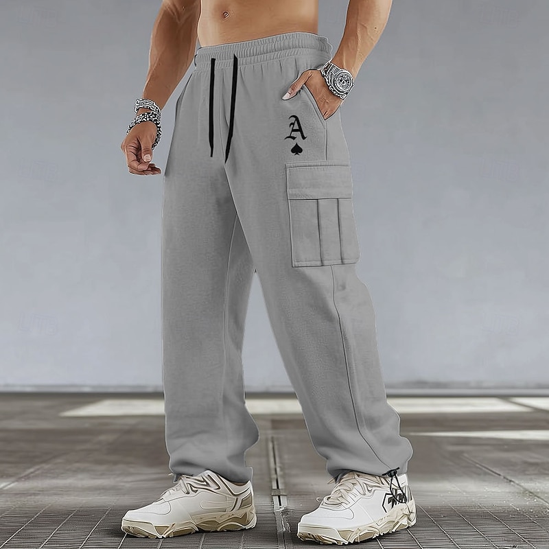 Men's Letter Printed Cargo Pants Cargo Sweatpants Joggers Mid Waist Casual Athletic Hiking Workout Elastic Drawstring Waist Open Bottom Tactical Pants with Pockets Spring Fall 3D Print Black White3