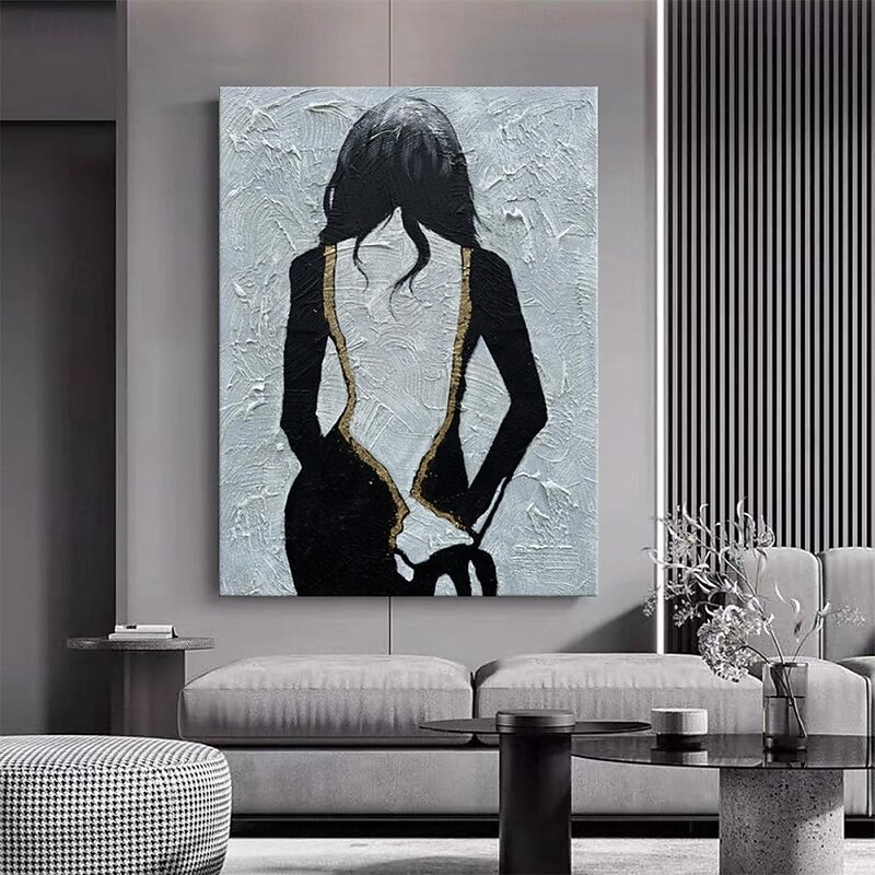 Handmade Light Blue Girl Back Thick Canvas Artwork Black And White Women Face Texture Abstract Oil Painting Simple Lines Decoration Art For Home Decor2