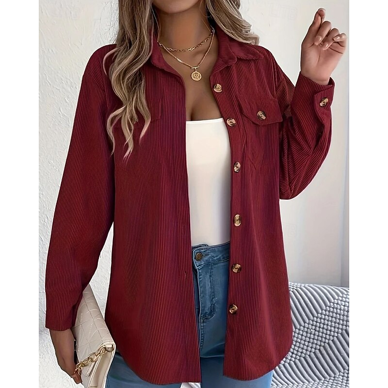 Women's Shirt Texture Blouse Blouse Plain Modern Casual Long Sleeve Shirt Collar Regular Tops Daily Going out Pocket Buttons Black Wine Khaki Fall4