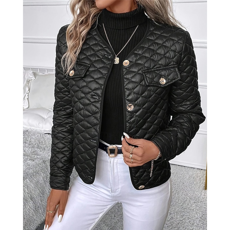 Women's Winter Jacket Coat Warm Comfortable Buttons Fashion Modern Casual Plain Going out Weekend Single Breasted Regular V Neck Regular Fit Long Sleeve Outerwear Black Winter4