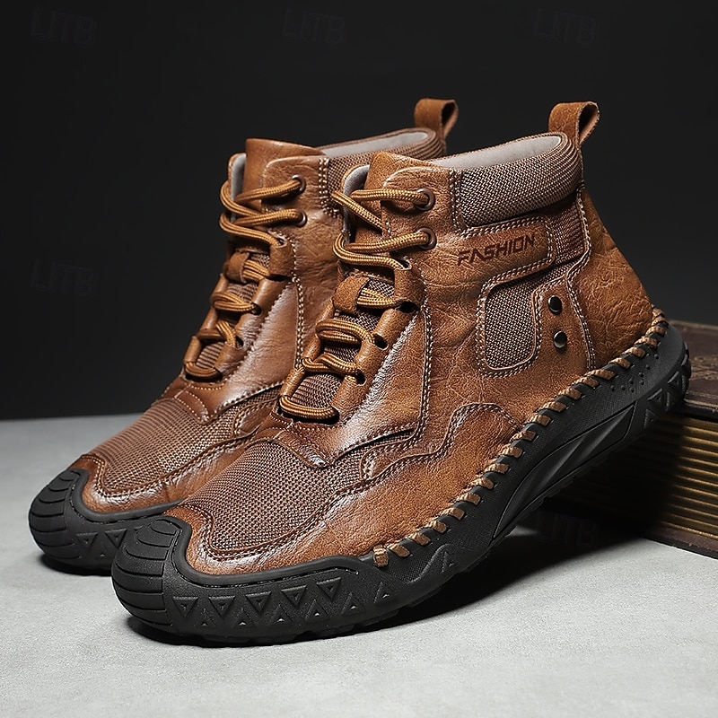 Men's Brown Faux Leather  High-Top Casual Boots with Non-Slip Rubber Sole – Durable Outdoor Walking Shoes for Hiking, Travel and Daily Wear2