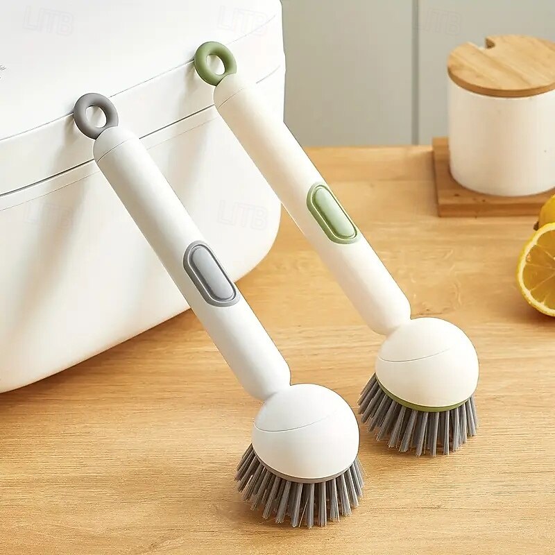 Adjustable Cleaning Brush with Liquid Dispenser Long Handle Rotating Pot Brush with Cleaning Liquid 6-Level Adjustable Handle & Refillable PET Scrub Head Scratch-Free for Kitchen and Cookware Cleaning4