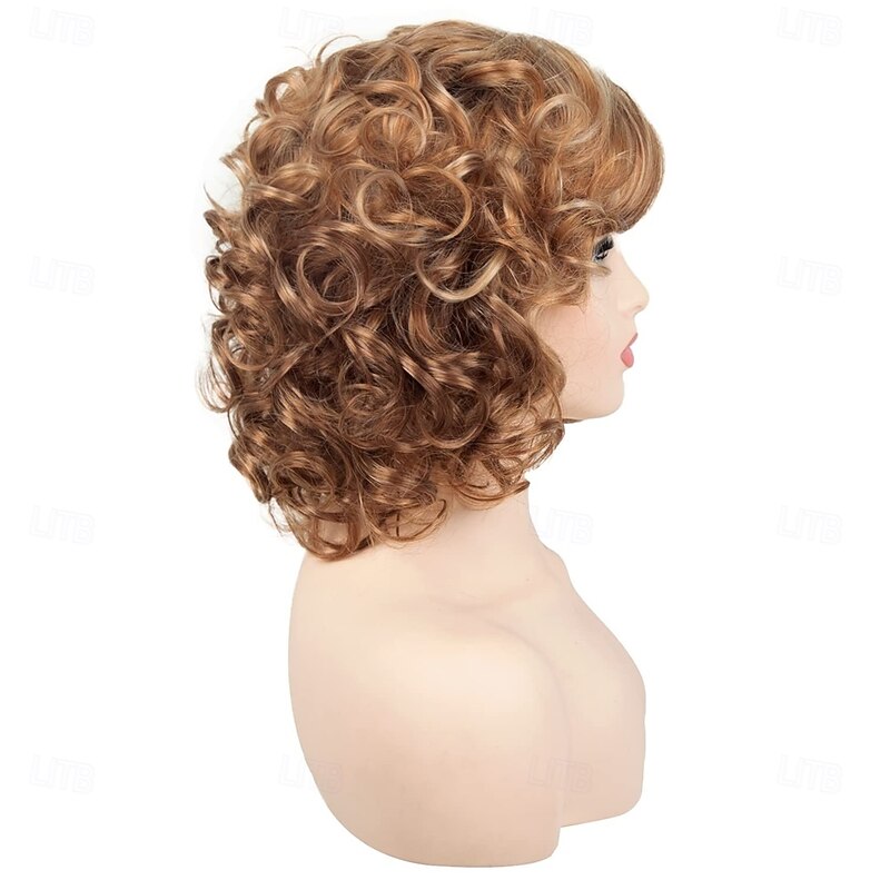 Women’s Golden Brown Short Curly Bob Wig Natural Looking Realistic Synthetic Hair Heat Resistant Layered Elegant Daily Wear Fashion Style2