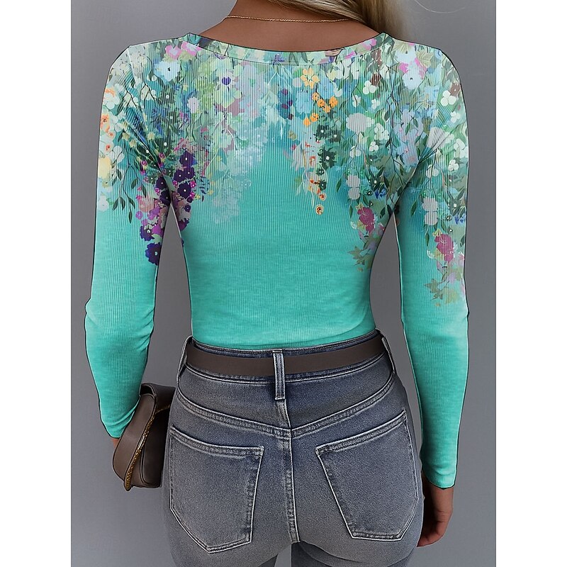 Women's T shirt Long Sleeve Ribbed Graphic Square Neck Long Sleeve Casual Tunic Floral Plants Vintage Stylish Regular Tops Daily Print Pink Blue Purple Orange Green Spring Fall Prefall2