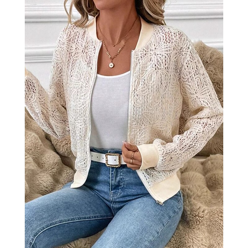 Women's Casual Jacket Comfortable Lace Patchwork Zipper Fashion Plain Outdoor Street Holiday Daily Wear Zipper Regular Crewneck Regular Fit Long Sleeve Outerwear Apricot Fall