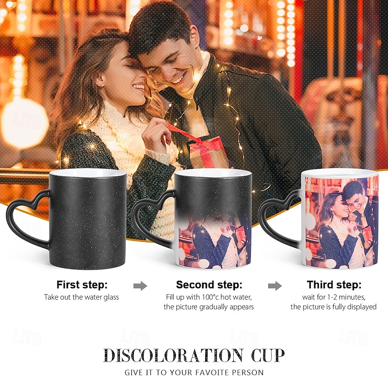Personalized Photo Color Changing Mug Custom Magic Mug Sparkle Heart Handle Heat-Sensitive Ceramic Coffee Cup, Romantic Gift for Couples, Christmas, Valentine's Day, Birthday