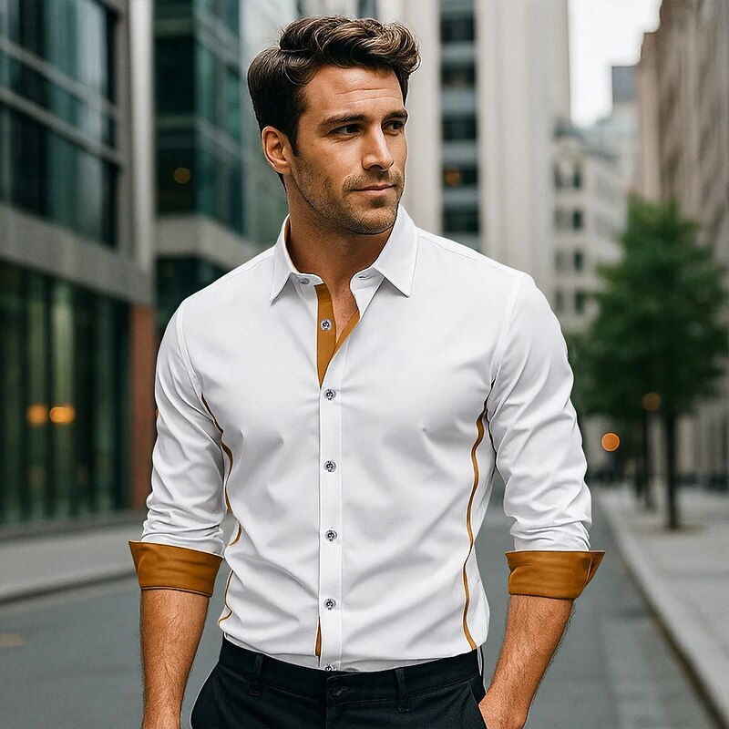 Men's Dress Shirt Plain Wedding Outdoor Black White Wine Navy Blue Long Sleeve Turndown All Seasons Clothing Apparel Patchwork