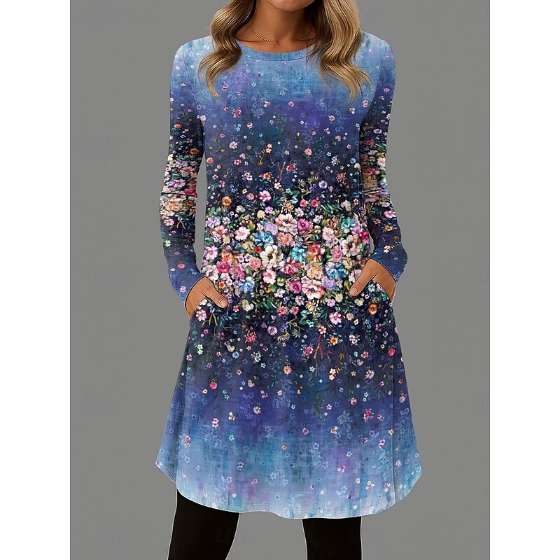 Women's Mini Dress T Shirt Dress Tee Dress A Line Dress Vacation Casual Daily Date Regular Fit Floral Graphic Long Sleeve Crew Neck Blue Purple Green Summer Spring Fall Winter