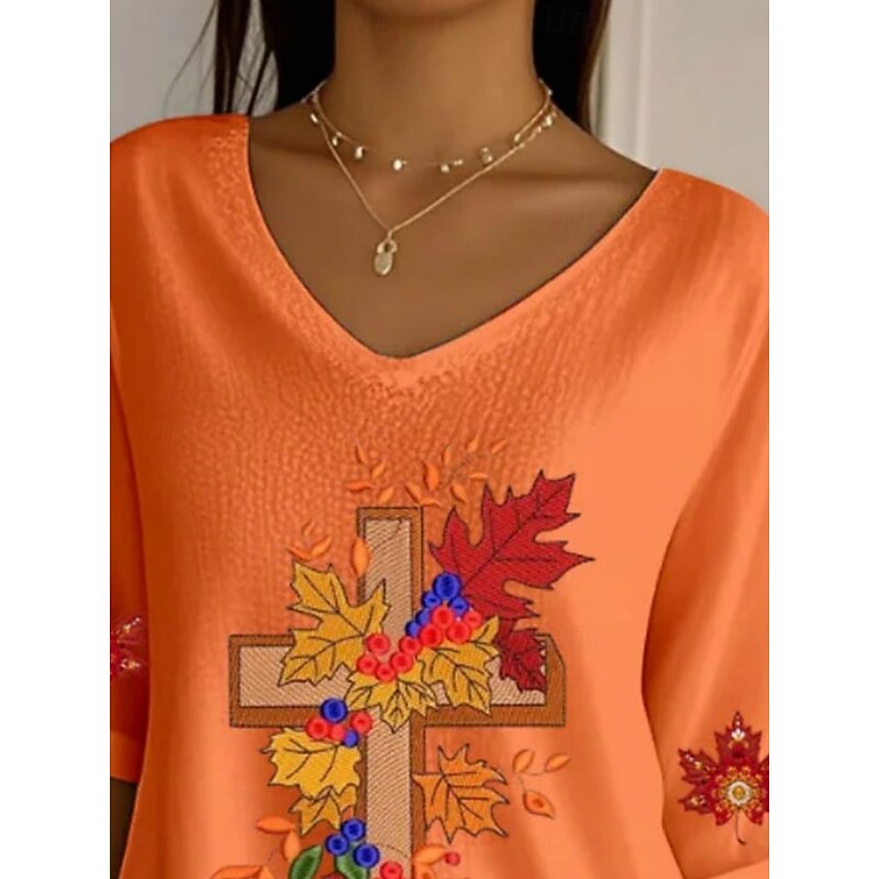 Women's Blouse Graphic Daily Casual 3/4 Length Sleeve V Neck Regular Tops Daily Holiday Print Orange Summer Spring Fall2