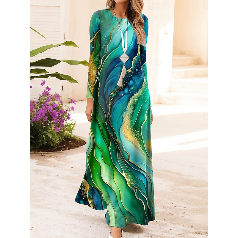 Women's Maxi Dress Vintage Bohemian A Line Dress Crew Neck Long Sleeve Casual Daily Regular Fit Graphic Geometric Blue Orange Green Dark Blue Spring Fall Winter4