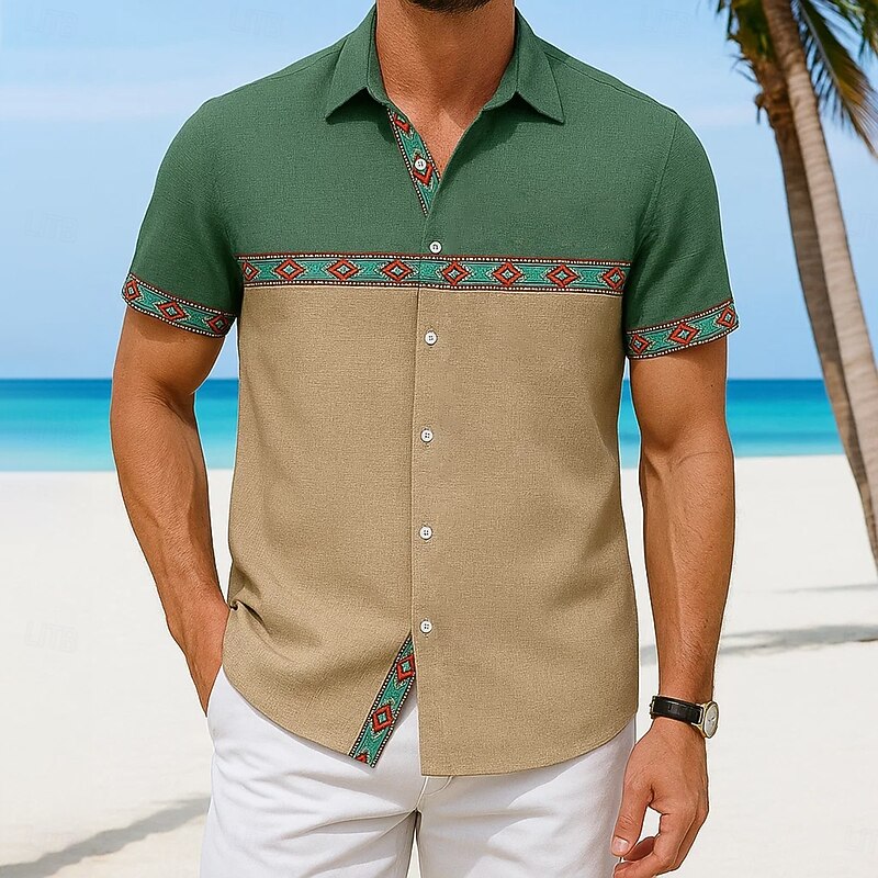 Men's Linen Shirt Summer Shirt Beach Wear Button Up Shirt Tribal Vacation Casual Khaki Short Sleeve Turndown Summer Spring Clothing Apparel
