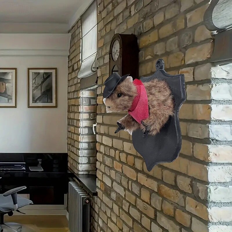 1pc Contemporary Cowboy Bandit Taxidermy Squirrel Wall Hanging Decor, Faux Hedgehog with Hat and Scarf, No Feather, No Power Needed4