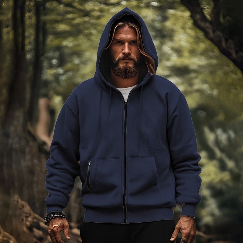Men's Hoodie Full Zip Hoodie Black Navy Blue Khaki Light Grey Hooded Plain Drawstring Pocket Sports & Outdoor Daily Holiday Polyester Streetwear Basic Casual Spring Fall Clothing Apparel Hoodies2