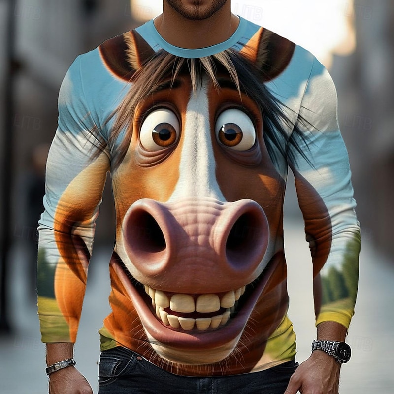 Men's Animal 3D Funny T Shirt Long Sleeve T shirt 3D Print Crew Neck Shirt Fashion Basic Street Casual Daily White 1 White Blue Summer Spring Clothing Apparel S M L XL XXL XXXL