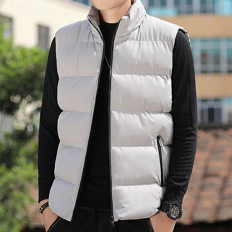 Men's Puffer Vest Vest Gilet Vacation Daily Date Fashion Casual Winter Pocket Polyester Warm Comfortable Solid Color Zipper Stand Collar Regular Fit Black Red Blue Gray Vest4