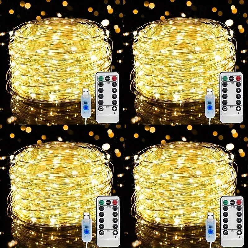 4 Pcs 10M/33FT 100 LED Beams Fairy String Lights Halloween Christmas Valentine's Day Wedding Party Indoor and Outdoor Copper Wire Light String USB Plug in 8 Function Remote Control IP44 Waterproof