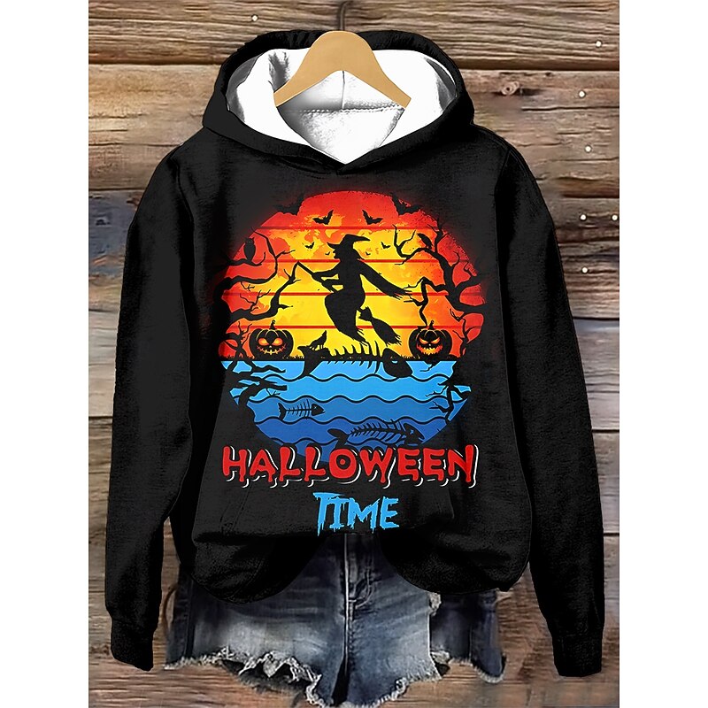 Halloween Women's Hoodie Pullover Sweatshirt Oversized Long Sleeve Casual Pumpkin Graphic Skull Fashion Print Hooded Street Dailywear Drawstring Print White Blue Purple Orange Brown Fall W3