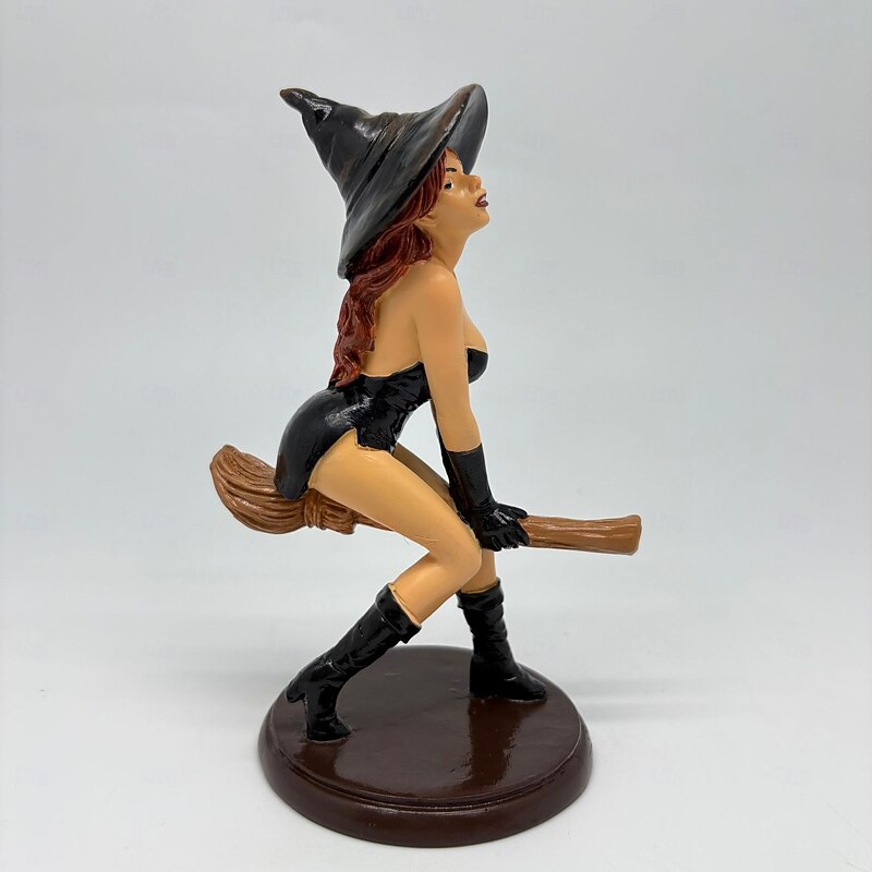 Sexy Witch Bookshelf Figurine Hand-Painted Resin Gothic Dark Fairy Witch Riding on Magic Broom Seductive Sorcery Witch Statue Halloween & Gothic Home Decor2