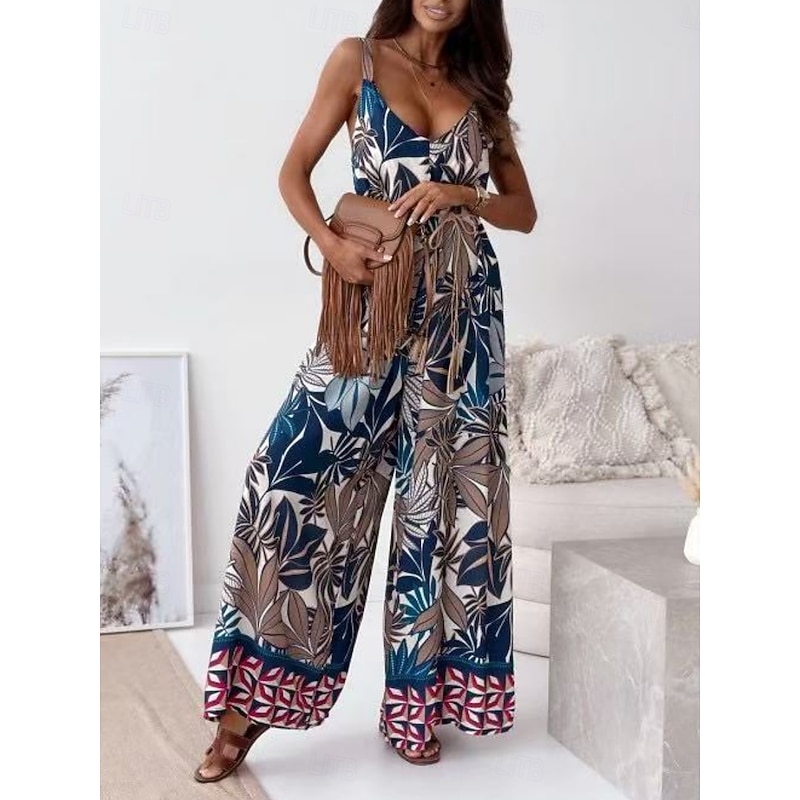 Women's Normal Jumpsuit Active Graphic Sleeveless Wide Leg V Neck High Waist Vacation Daily Regular Fit Navy Blue Blue Apricot Summer