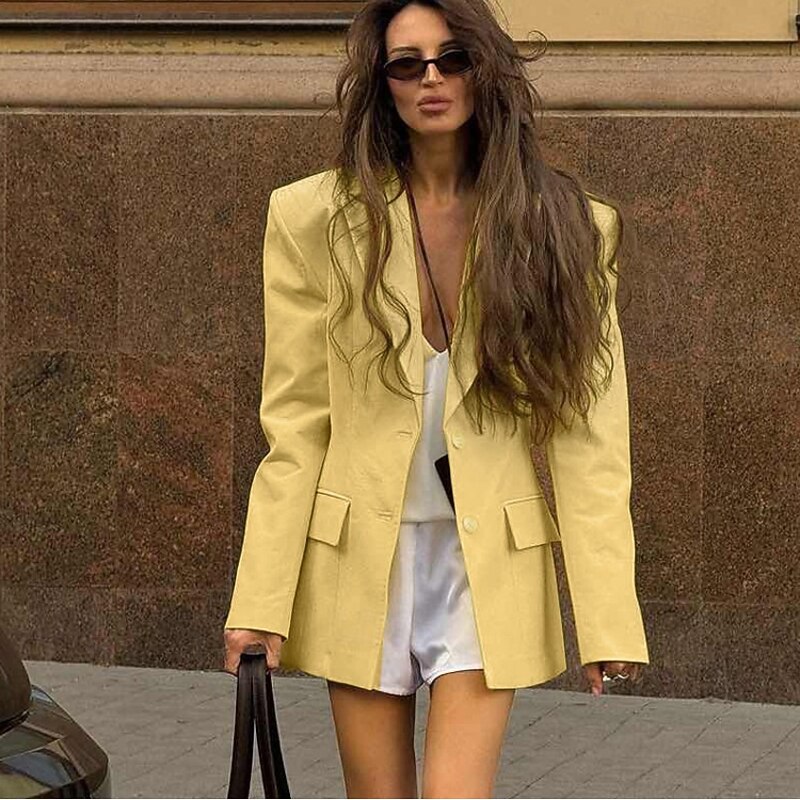 Women's100% Cotton Blazer Comfortable Buttons Elegant Vintage Daily Formal School Formal Vacation Office Single Breasted Short Peaked Lapel Regular Fit Long Sleeve Outerwear Yellow Spring Fall3