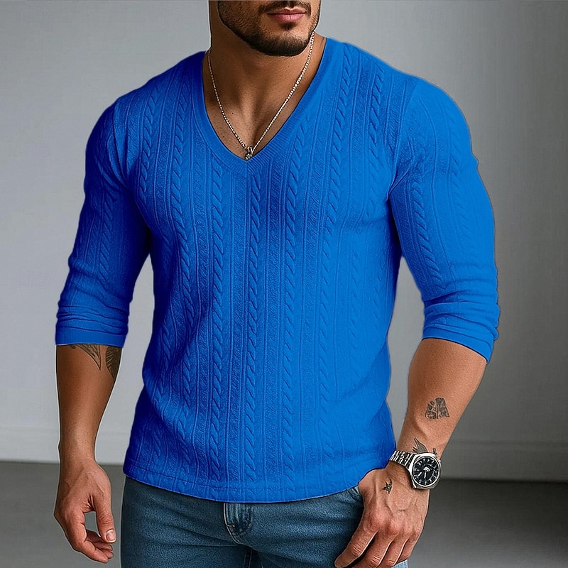 Men's Men V Neck Rib-knit Tee Ribbed Knit tee Tee Top Long Sleeve V Neck Summer Spring Fall Plain Jacquard Modern Casual Comfortable Buttons Basic Home Street Casual White Blue Navy Blue Top Tee for