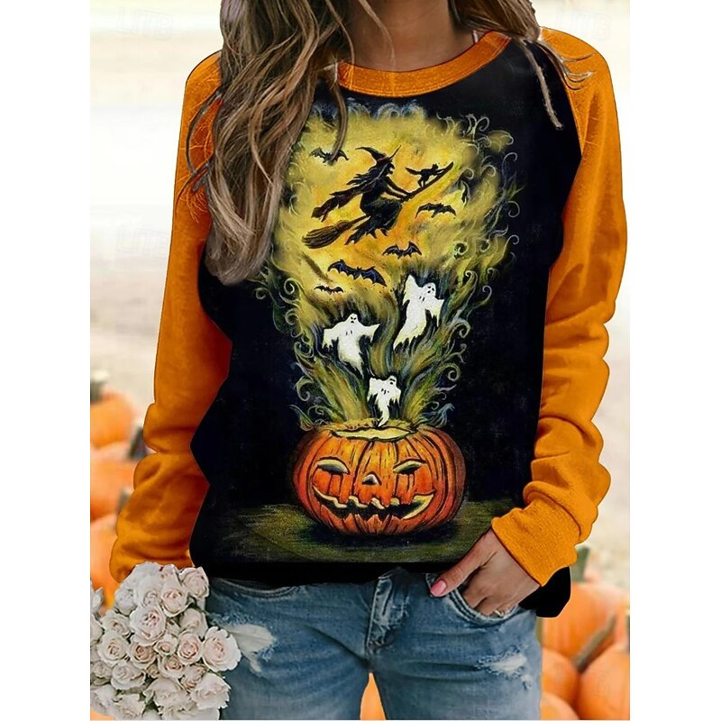 Halloween Women's Pullover Sweatshirt Pumpkin Witch Fashion Casual Long Sleeve Crew Neck Regular Tops Casual Print Black White Yellow Orange Summer Spring Fall4