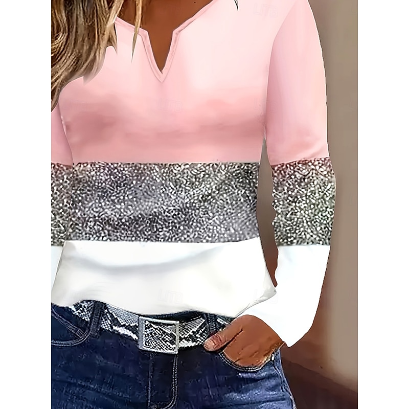 Women's T Shirt Graphic Geometric Color Block Vintage Stylish Classic Long Sleeve V Neck Notched Neck Regular Tops Daily Weekend Print Pink Spring Fall Winter3