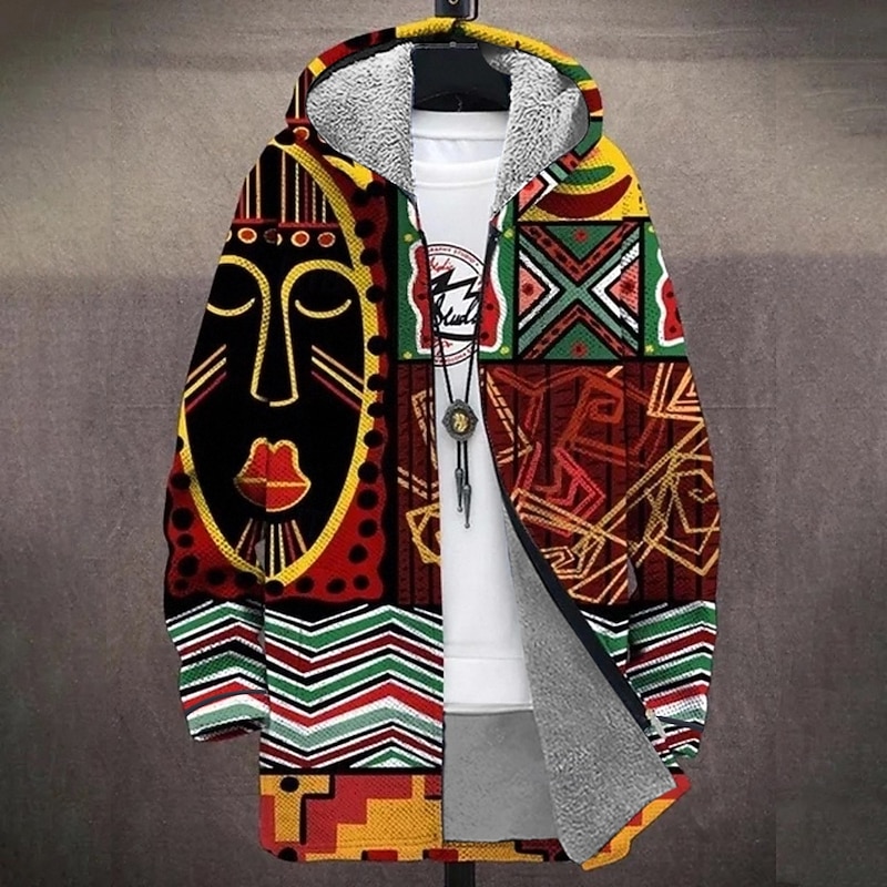 Men Graphic Winter Coat Fleece Jacket Coat Thermal Warm Comfortable Casual Casual Daily Wear Zipper Pocket 3D Print Fall Winter Hooded Long Sleeve Black Red Brown