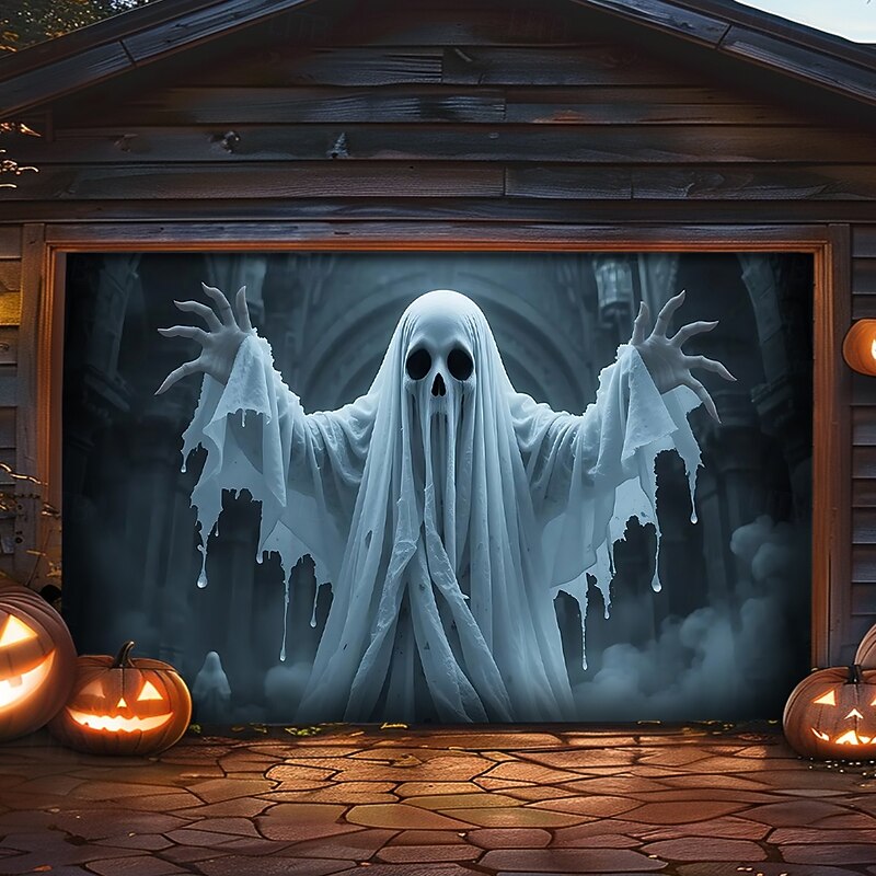 Halloween Garage Door Cover Large Hanging Backdrop Ghost 3D Dark Punk Gothic Style Party Outdoor Shooting Backgrounds Front Door Home Decor2