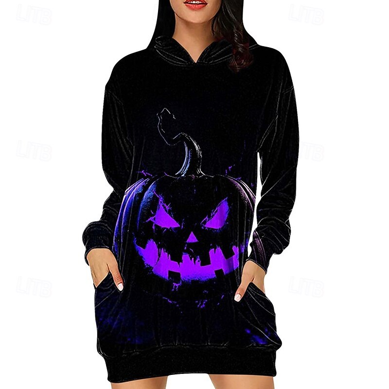 Women's Mini Dress Hoodie Dress Casual Dress Fashion Modern Outdoor Halloween Daily Regular Fit Pumpkin Ghost Long Sleeve Hooded Black gray Black Navy Blue Blue Summer Spring Fall2
