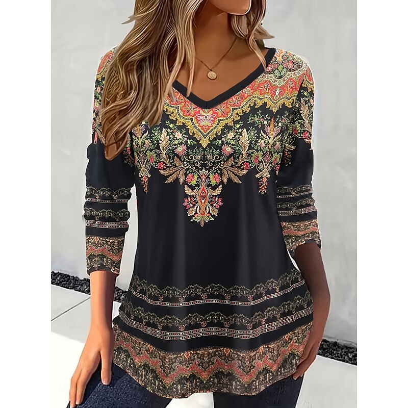 Women's T Shirt Floral Graphic Paisley Vintage Stylish Classic Long Sleeve V Neck Regular Tops Daily Print Pink Blue Purple Orange Spring Fall Winter
