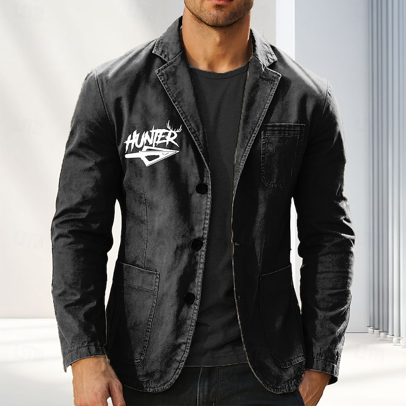 Men's Letter Printed Hunting Blazer Cotton Suit Jacket Suits Coat Casual Outdoor Dailywear Multiple Pockets Three Button Stripe Lined Suit Jacket Fall Winter Notch lapel collar Long Sleeve Black3