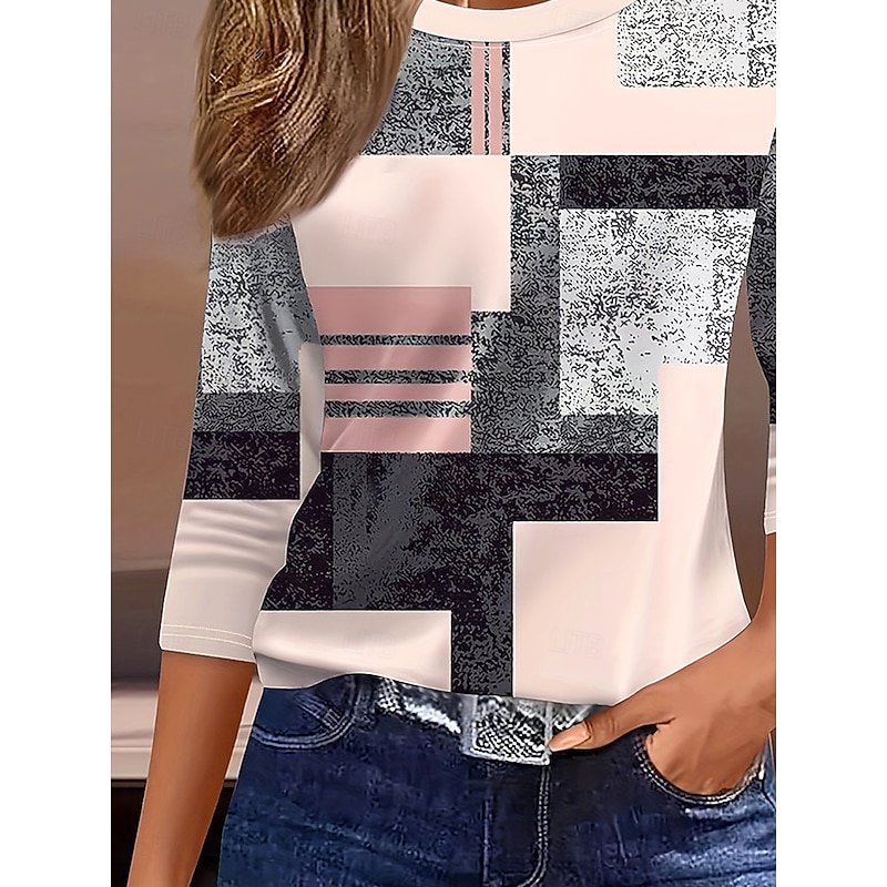 Women's T Shirt Graphic Geometric Geometry Vintage Stylish Modern Long Sleeve Crew Neck Round Neck Regular Tops Daily Print Pink Summer Spring Fall3