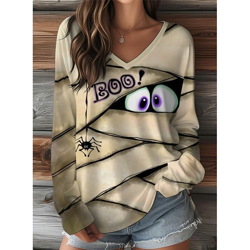Halloween Women's T shirt Monster Graphic Vintage Stylish Classic Long Sleeve V Neck Regular Tops Daily Weekend Print Black Orange Khaki Spring Fall3