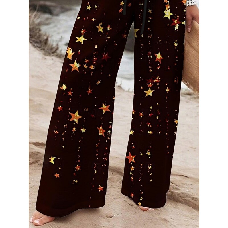 Women's Wide Leg Pants Trousers Vacation Casual Long High Waist Star Elastic Waist Printing High Cut Breathability Soft Micro-elastic Vacation Street Daily Wear Black Spring Fall Regular Fit3