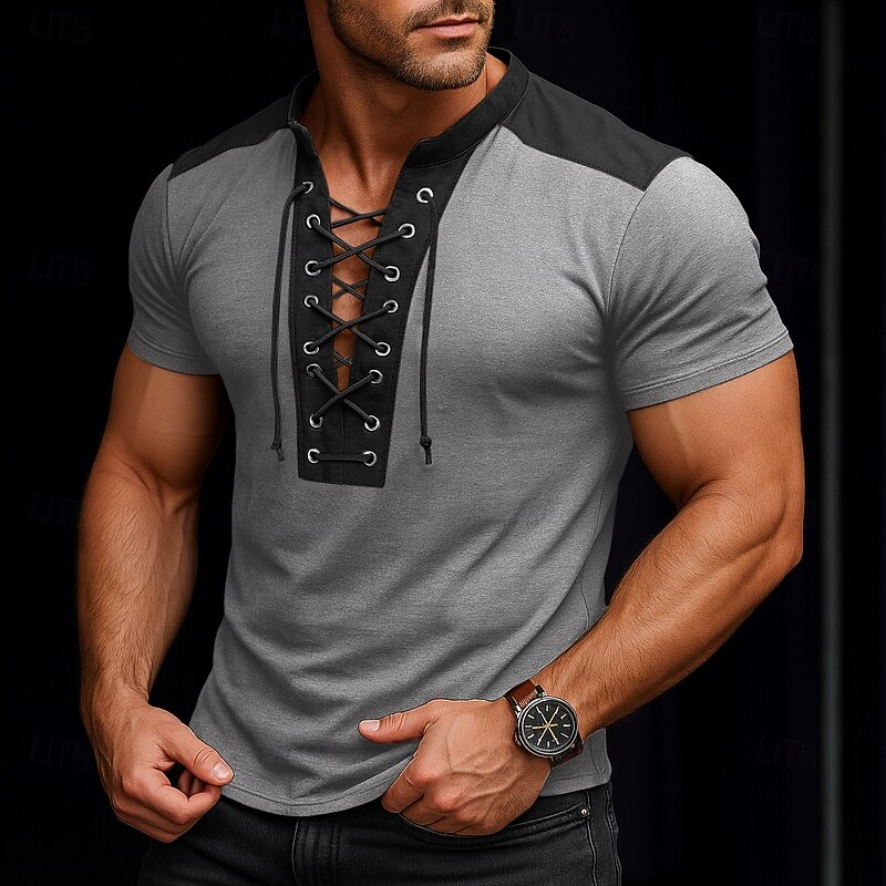 Men's T Shirt Tee Short Sleeve Collar V Neck Summer All Seasons Color Block Vintage Fashion Casual Lace up Print Casual Daily Sports Dark Grey Blue Dark Brown Top Tee for Men