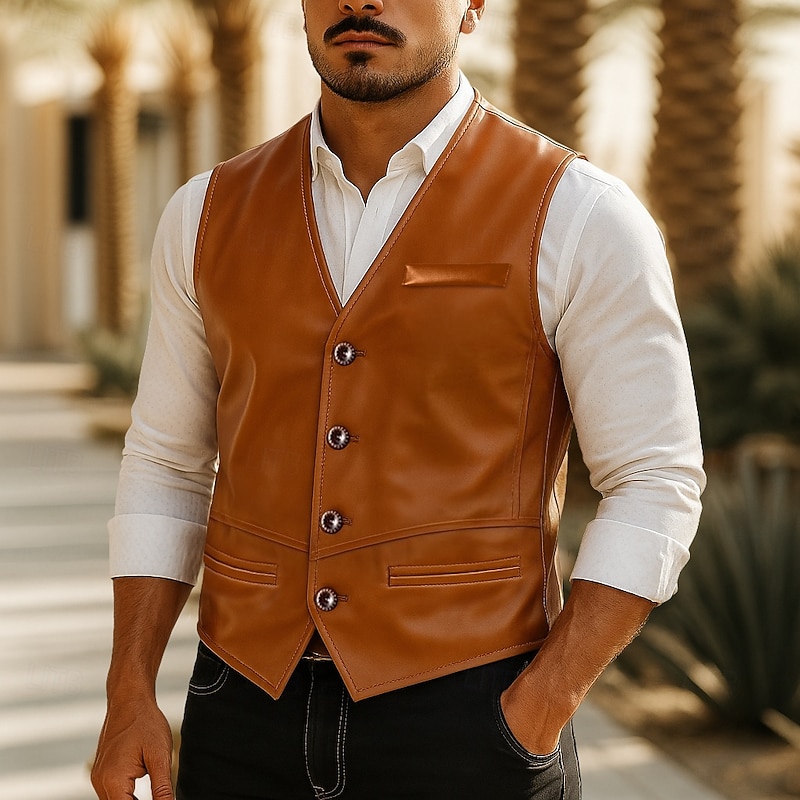 Men's Vest Waistcoat Faux Leather Vest Casual Daily Western Style Spring Fall Pocket Buttons Polyester PU Leather Comfortable Plain Herringbone Single Breasted V Neck Slim Fit Black Brown Vest