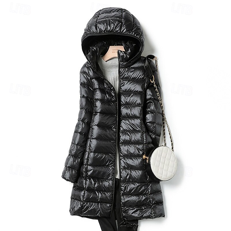 Women's Down Jacket Coat Warm Comfortable Zipper Pocket Fashion Plain Vacation Daily Wear Going out Weekend Zipper Long Hooded Regular Fit Long Sleeve Outerwear Black Wine Red Fall Winter
