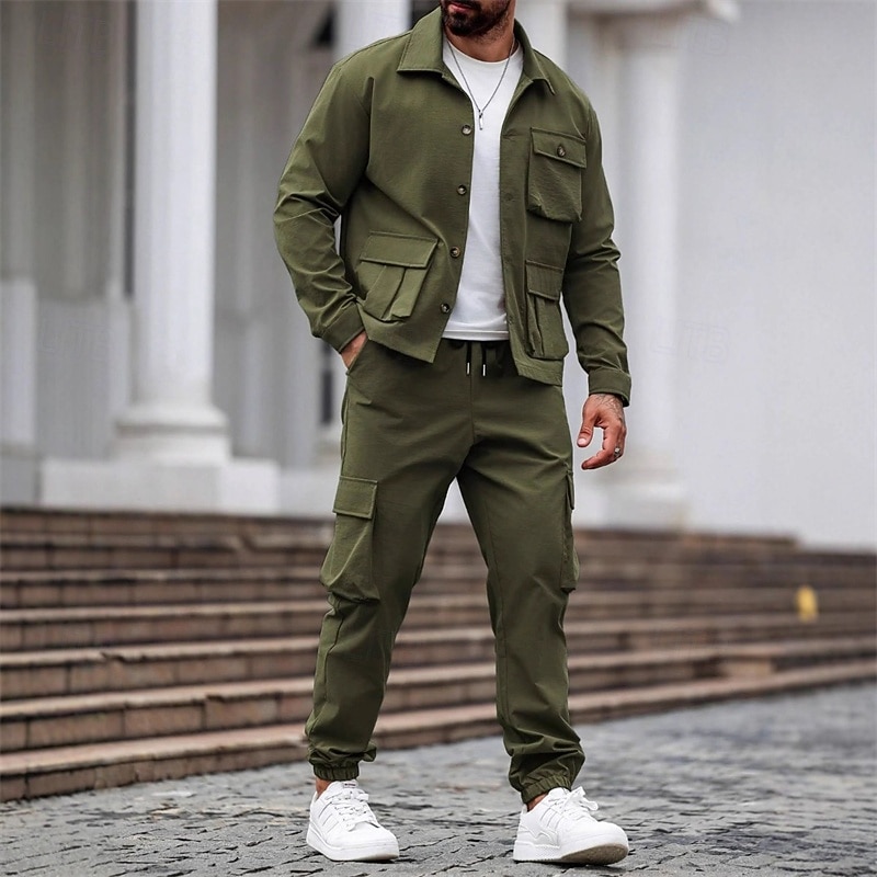 Men's Lightweight Jacket Cargo Jacket Casual Jacket Set Vacation Daily Breathable Pocket 2 Piece Spring Fall Plain Fashion Classic Lapel Regular Black Khaki Army Green Dark Blue Gray Jacket