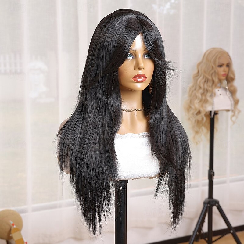 Synthetic Wig Yaki Straight Natural Straight Middle Part Machine Made Wig 24 inch Black Synthetic Hair 24 inch Women's Soft Comfortable Black3