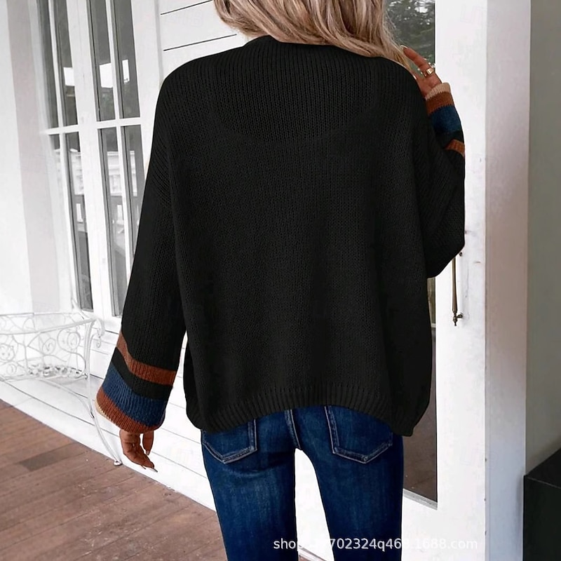 Women's Cardigan Elegant Vacation Vintage Open Front Stripe Drop Shoulder Long Sleeve Regular Tops Knit School Home Party Black khaki Fall Winter4