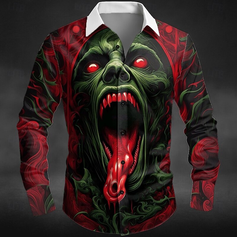 Halloween Men's Halloween Costumes Monster Shirt Button Up Shirt Long Sleeve Dark Punk Gothic Style Outdoor Holiday Summer Spring Turndown 3D Print Collared Shirts Red Blue Green