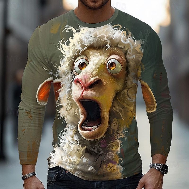 Men's Animal 3D Funny T Shirt Long Sleeve T shirt 3D Print Crew Neck Shirt Fashion Basic Street Casual Daily Mint Green Gray Summer Spring Clothing Apparel S M L XL XXL XXXL