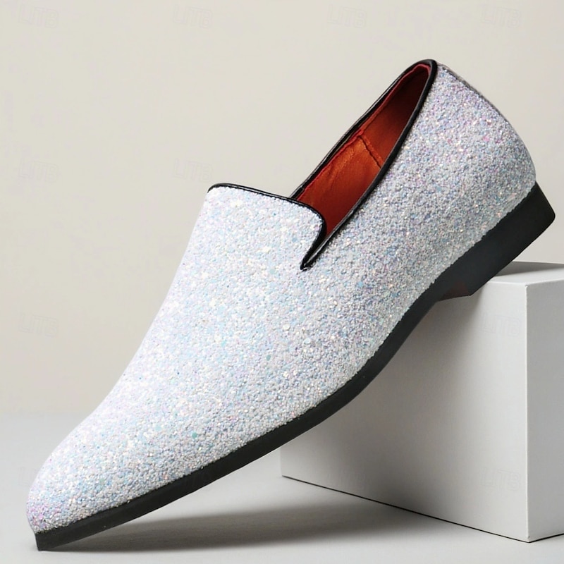 Men's White Glitter Slip-On Loafers – Sparkly Party Shoes for Weddings, Banquets and Nightclub Outfits