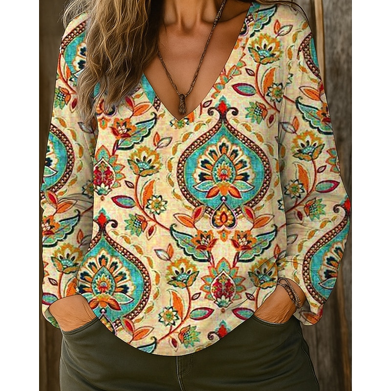Women's T Shirt Floral Casual Long Sleeve V Neck Regular Tops Going out Weekend Print White Navy Blue Blue Green Khaki Fall