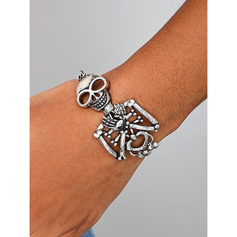 Women's Halloween Skeleton Bracelet – Silver Alloy with Skeleton and Broomstick Design – Adjustable Chain, Perfect for Halloween Costumes and Parties4